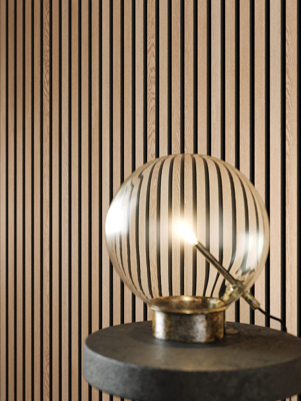 Oak slat wood wall panels with light