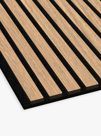 Oak slat wood wall panel closeup