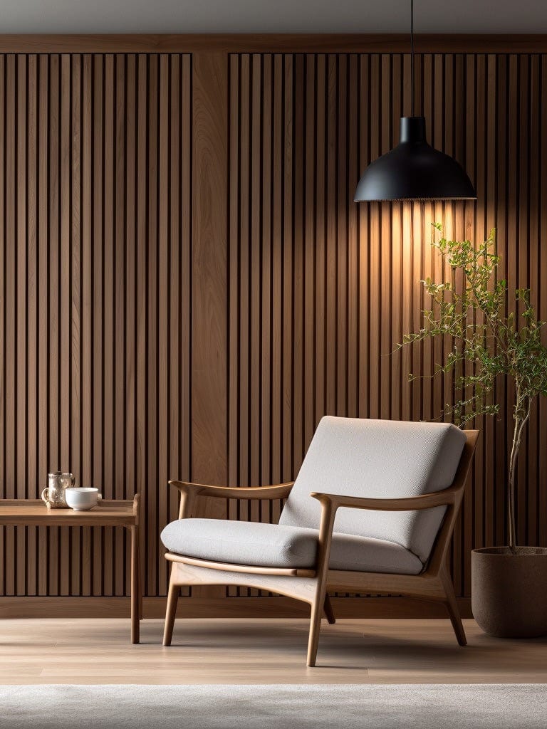 Walnut slat wood wall panels in a room
